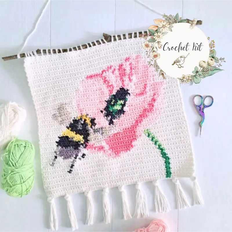 Bee on a Flower Tapestry Wall Hanging Crochet Kit - Complete Crochet DIY Set with supplies