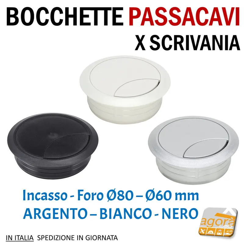 BOCCHETTA PASSACAVI PER SCRIVANIA D60MM-D80MM BIANCA-ARGENTO-NERA IN ABS X MOBILI