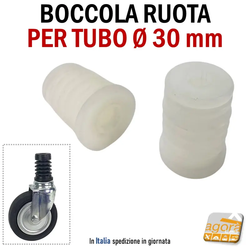 BOCCOLA PER TUBO D30MM PER RUOTE CON PERNO LISCIO CALETTATO FORO 10MM NYLON BIANCA