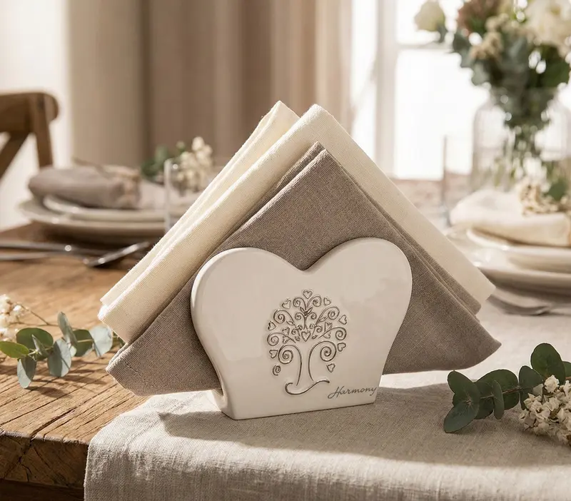 Bomboniera matrimonio portatovaglioli cuore in porcellana bianco decorato con albero della vita harmony PRMT23259