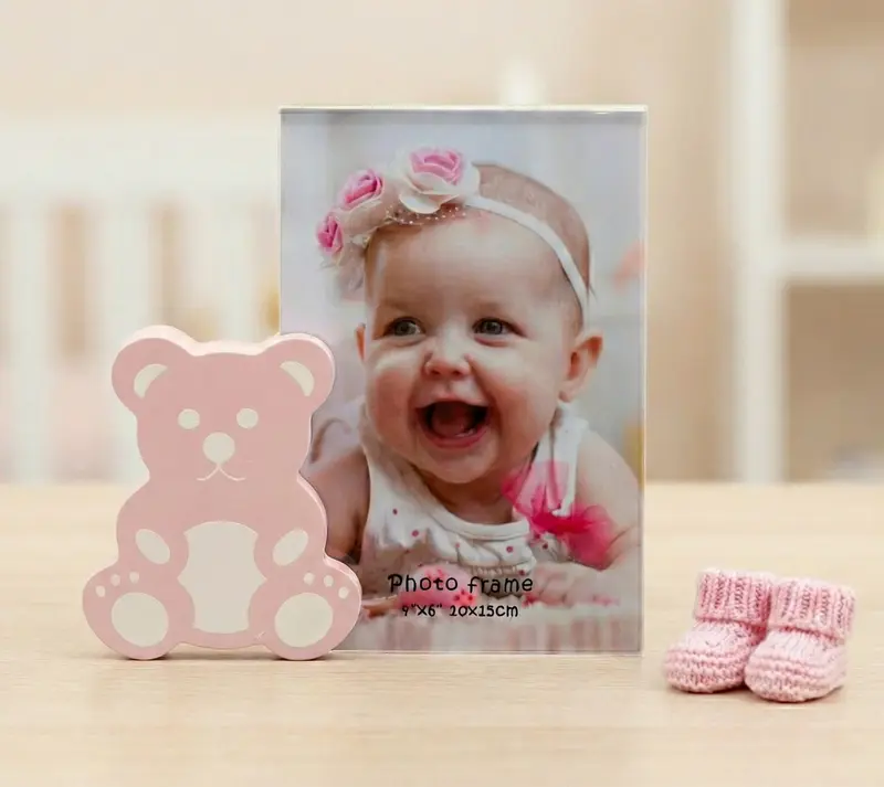 Bomboniera nascita battesimo portafoto con orsetto in legno rosa e bianco harmony ARNB24018