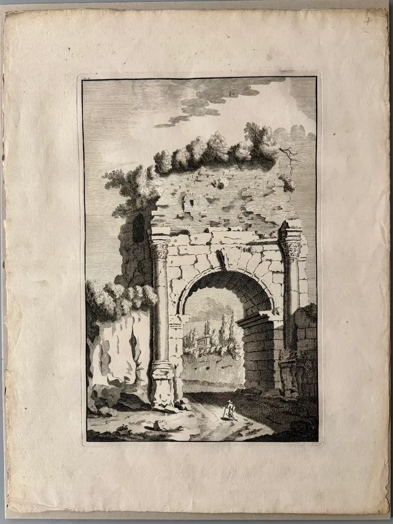 Bonaventura Von Overbeek - "Arco di Druso Roma" - incisione acquaforte su carta - 1709