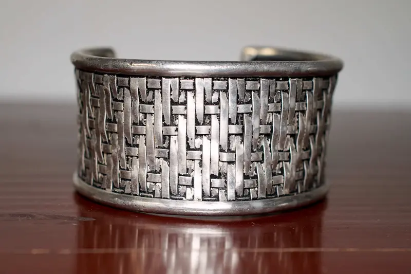 Bracciale rigido a cestino in argento 925 - Artigianato indiano intessuto