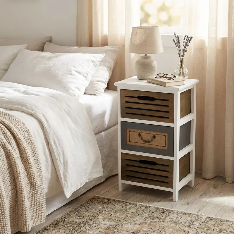 Brenno - comodino 3 cassetti marrone chiaro bianco
