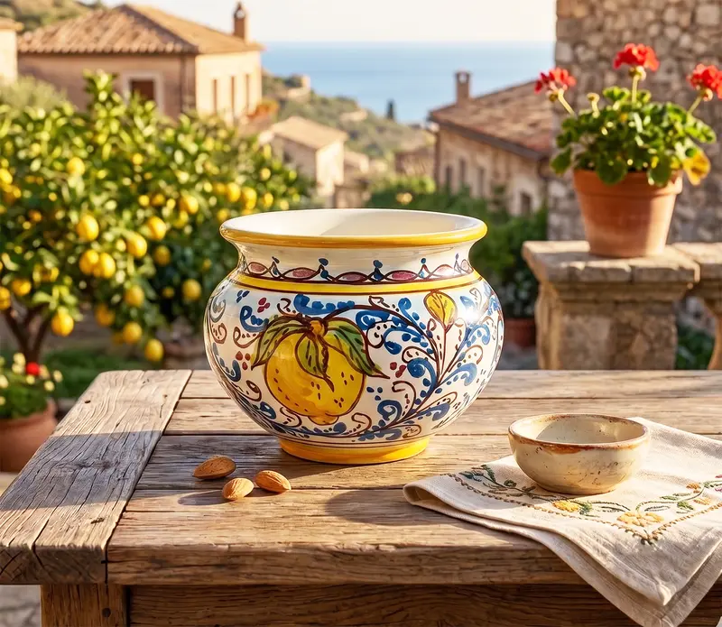 Cachepot vaso in ceramica siciliana realizzato e decorato a mano art. fiore limoni D 15