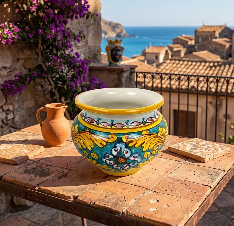 Cachepot vaso in ceramica siciliana realizzato e decorato a mano art. gomes D 15
