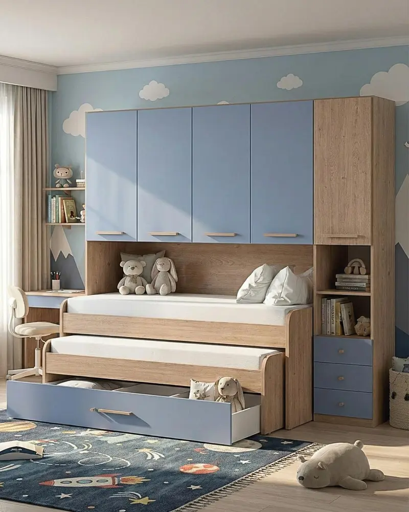 Cameretta a ponte Silvia - Armadio a ponte salvaspazio - 5 ante 2 cassetti - 7 varianti colore personalizzabili - Letto estraibile opzionale - 247 L. x 230 H. x 52 P.