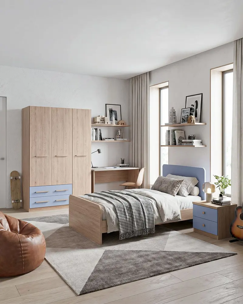 Cameretta Completa Asia - Virginia/Avio per ragazzi e bambini - Scrittoio Modern - Letto Easy con pediera - Armadio Leon - Comodino Rima