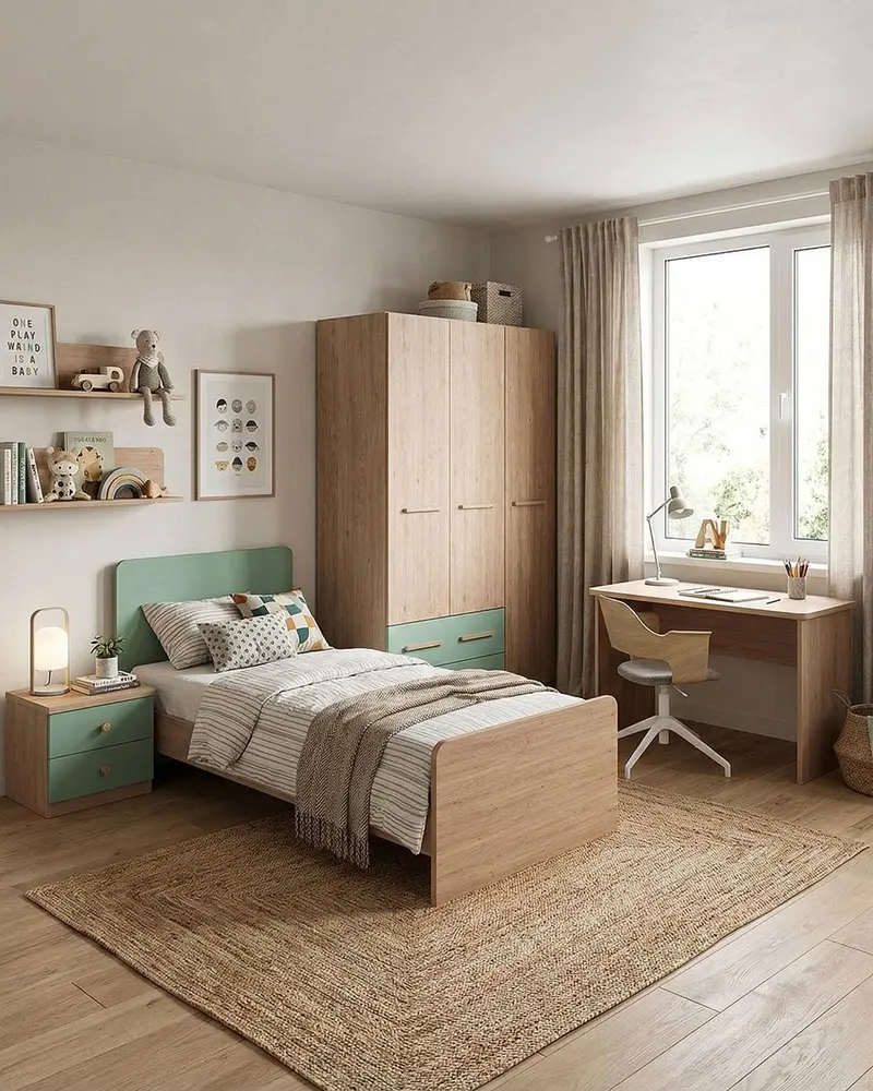 Cameretta Completa Asia - Virginia/Oliva per ragazzi e bambini - Scrittoio Modern - Letto Easy con pediera - Armadio Leon - Comodino Rima