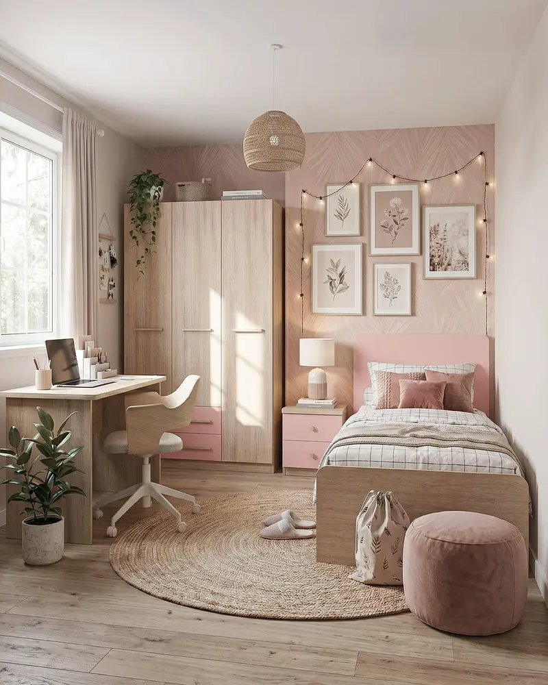 Cameretta Completa Asia - Virginia/Rosa per ragazzi e bambini - Scrittoio Modern - Letto Easy con pediera - Armadio Leon - Comodino Rima