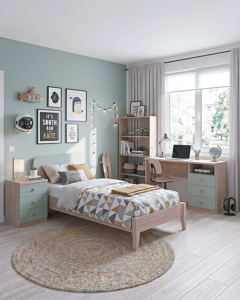 Cameretta Completa Bugs Bunny - Virginia/Oliva per ragazzi e bambini - Scrittoio Genius Dx - Letto Fly con piedi in legno - Libreria Ardela - Comodino Arva