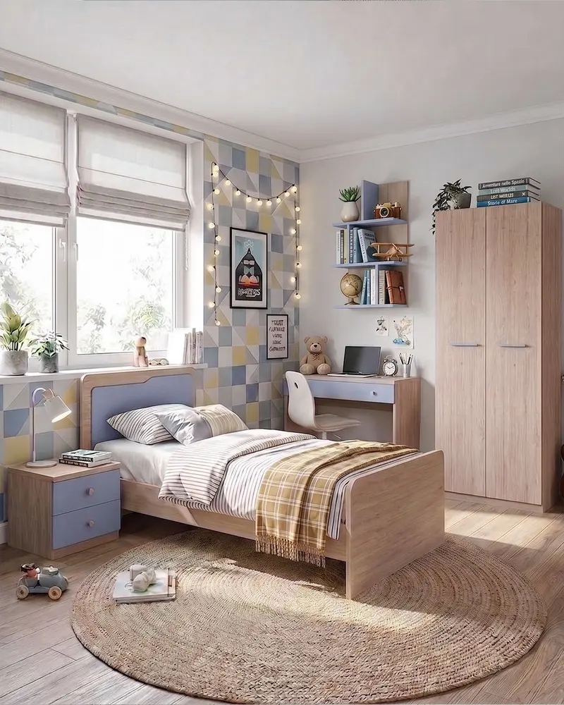 Cameretta Completa Pluto - Virginia/Avio per ragazzi e bambini - Scrittoio Genius - Letto Quadro con pediera - Armadio Marta - Comodino Rima - Mensola Polira