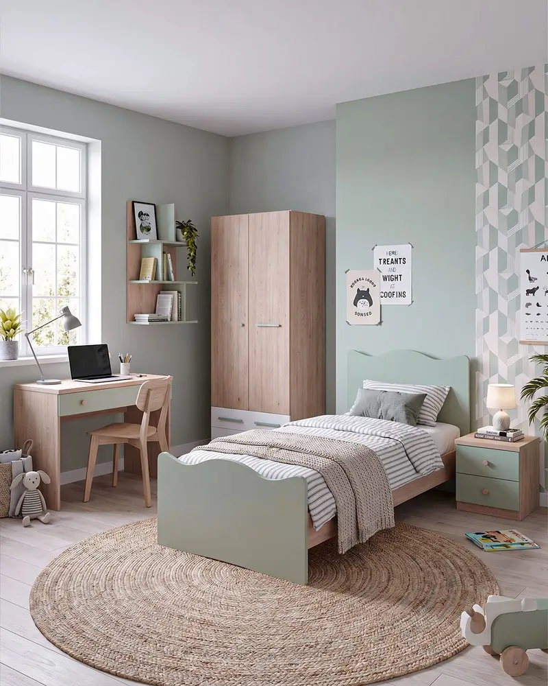 Cameretta Completa Pumba - Virginia/oliva per ragazzi e bambini - Scrittoio Genius - Letto Onda con pediera - Armadio Celeste - Comodino Rima - Mensola Polira