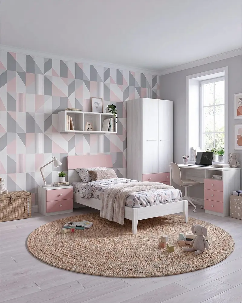 Cameretta Completa Simba - Betulla/Rosa per ragazzi e bambini - Scrittoio Genius Dx - Letto Comby con piedi in legno - Armadio Celeste - Comodino Rima - Mensola Norema