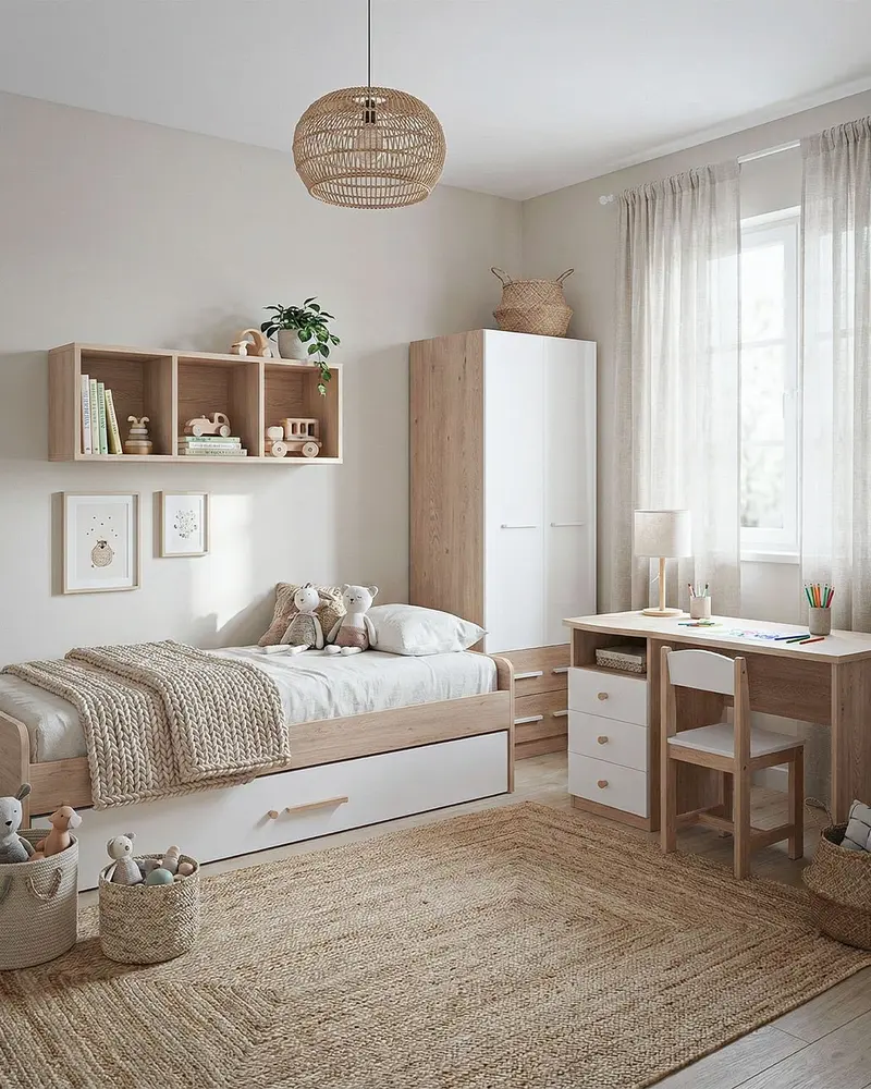 Cameretta Completa Woody - Virginia/Bianco per ragazzi e bambini - Scrittoio Genius Sx - Letto Jonny con letto estraibile - Armadio Ethan - Mensola Norema