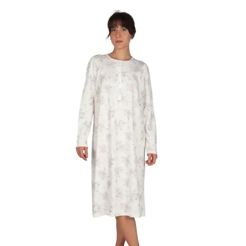 Camicia da notte a serafino a manica lunga in caldo cotone interlock con sprone