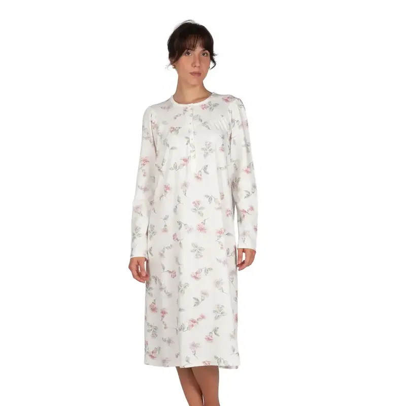 Camicia da notte a serafino a manica lunga raglan in caldo cotone interlock in fantasia floreale