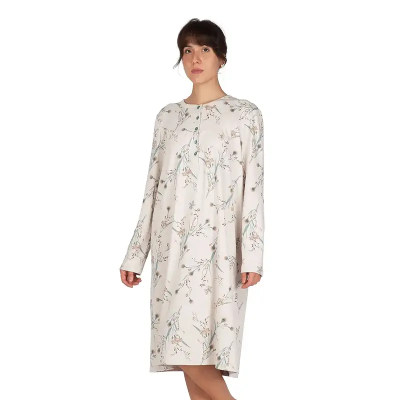 Camicia da notte donna a manica lunga a serafino caldo cotone interlock con sprone | Mariotti Lab