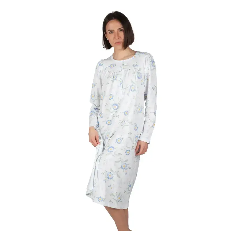 Camicia da notte donna a serafino a manica lunga Raglan in puro cotone Fiore