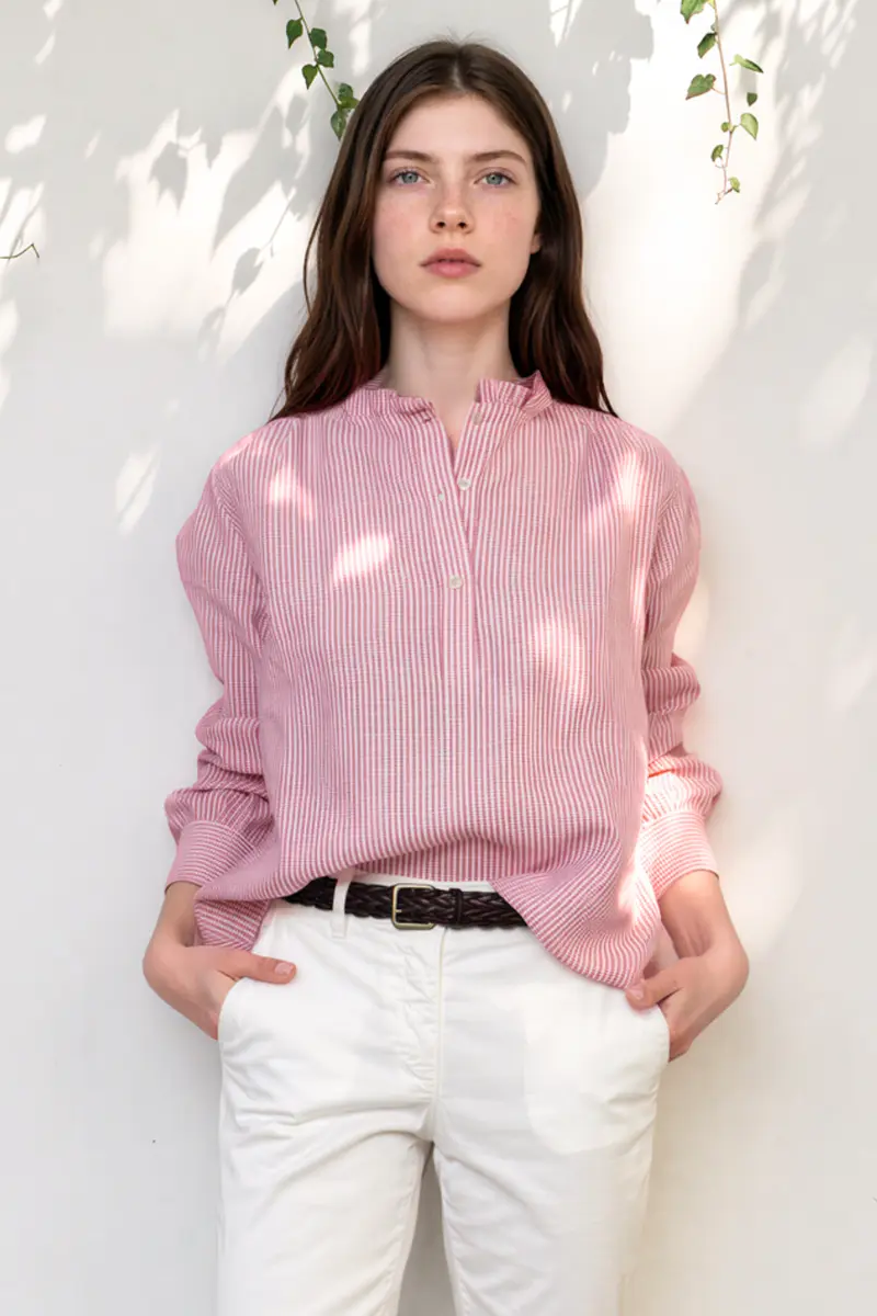 CAMICIA DALIA in lino a righe bianche e ciliegia
