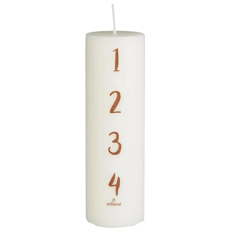 Candela dell'avvento numerata da 1-4 bianca con numeri marroni, h 20 ø 6 cm
