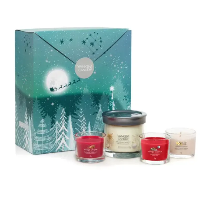 CANDELA PICCOLA TUMBLER E TRE CANDELE VOTIVA IN VETRO - Yankee Candle - Confezione Regalo BRIGHT LIGHTS