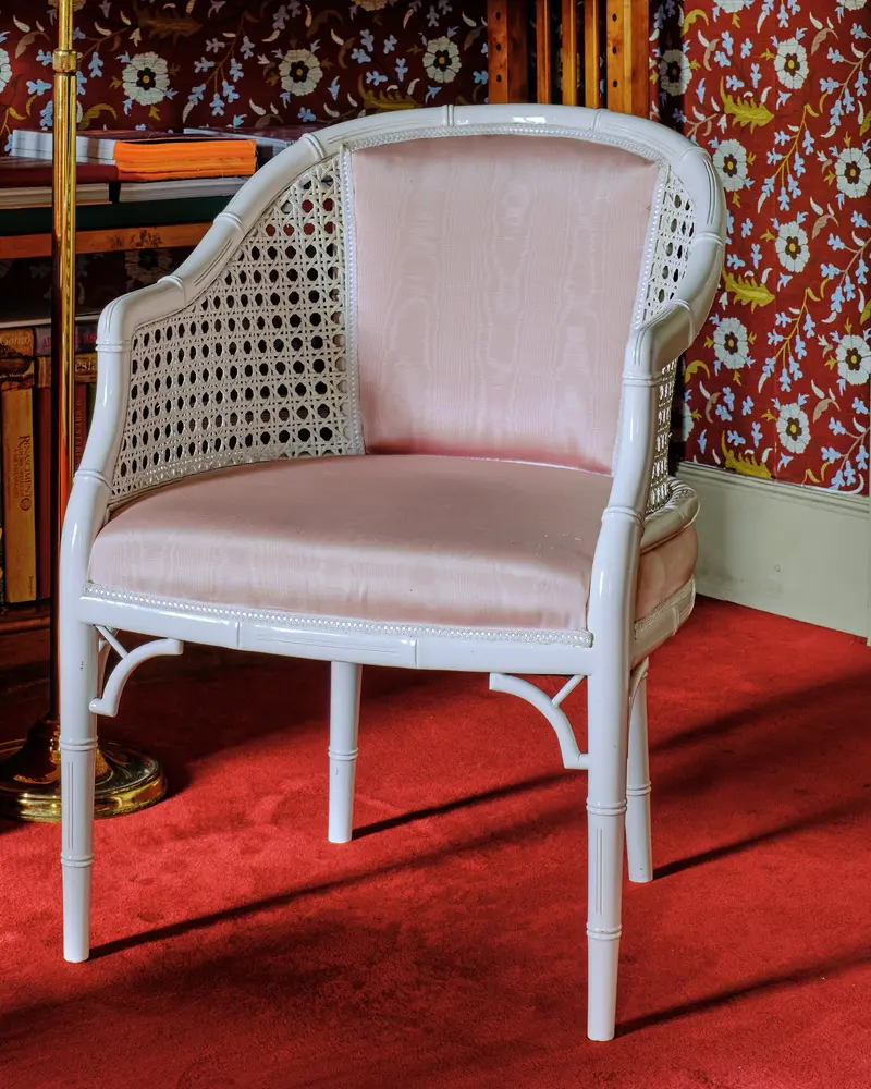 Cane and Faux Bamboo Chair with Pink Upholstery