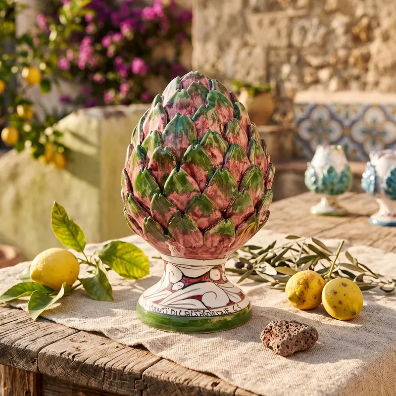 Carciofo in ceramica siciliana di Caltagirone decorato a mano rosso H20
