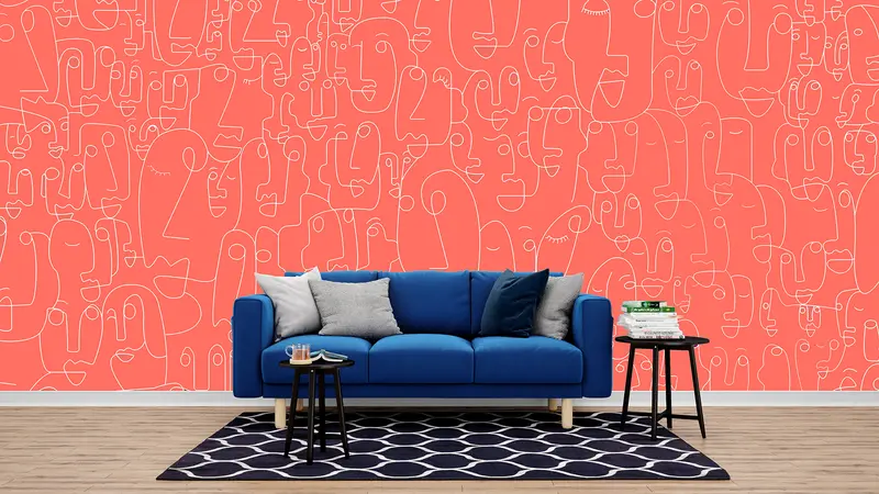 Carta da parati "Face Line". New Abstract Style Design. (Living Coral-corallo)