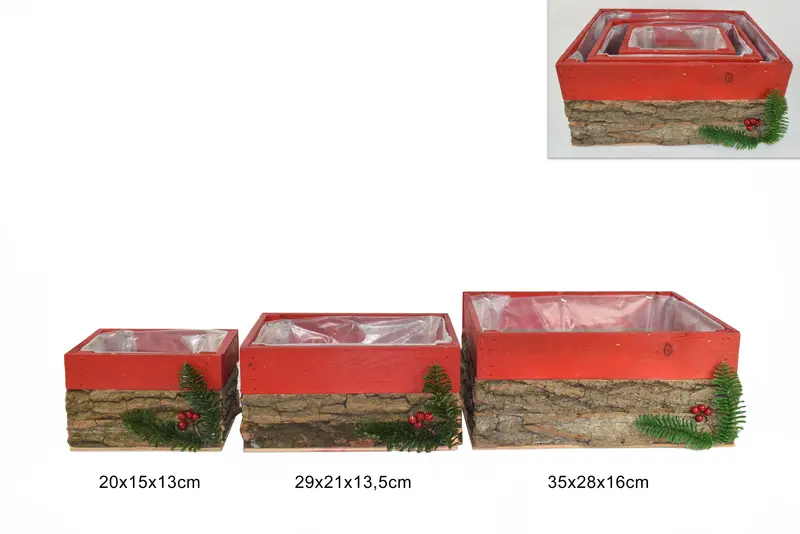 CASSETTE LEGNO SET 3 MISURE CON RAMETTO E BACCHE ROSSO