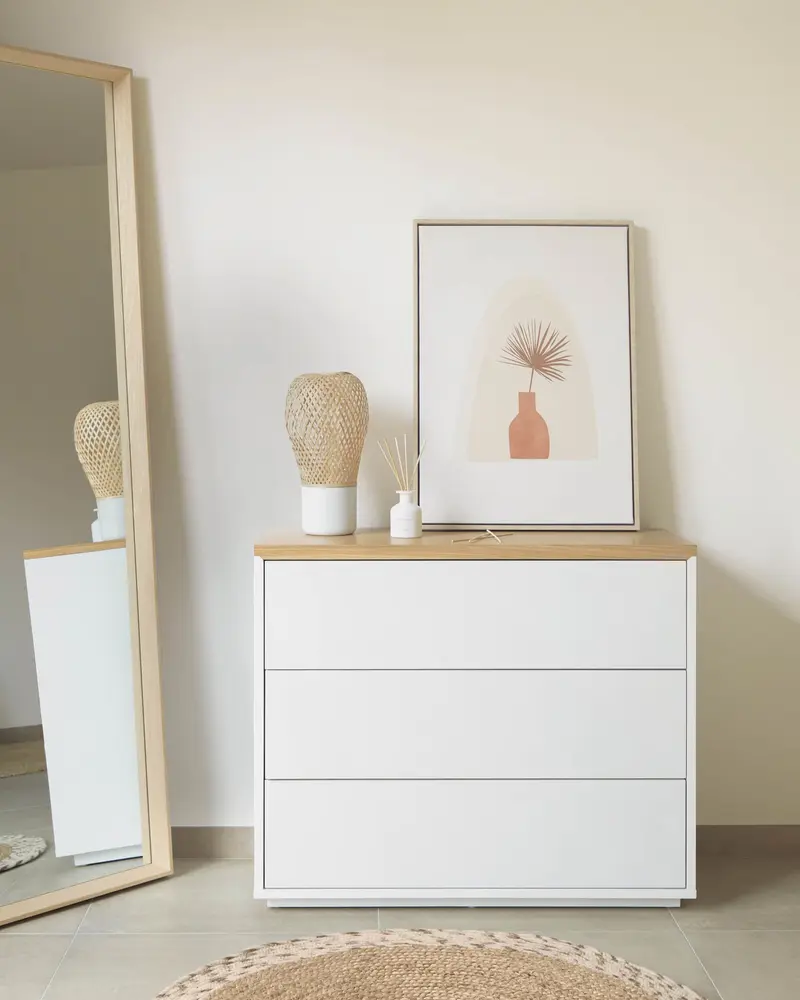 Cassettiera Abilen 3 cassetti impiallacciato rovere e laccato bianco 90 x 75 cm
