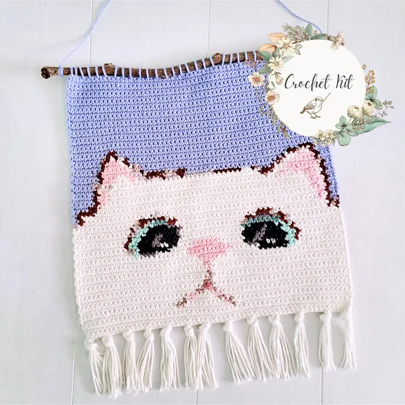 Cat Tapestry Wall Hanging Crochet Kit - Complete Crochet DIY Set with supplies