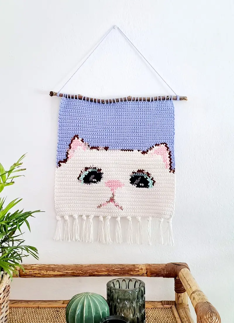 Cat Wall Hanging Decor, Tapestry Crochet Cotton Wall Hanging, Home decor