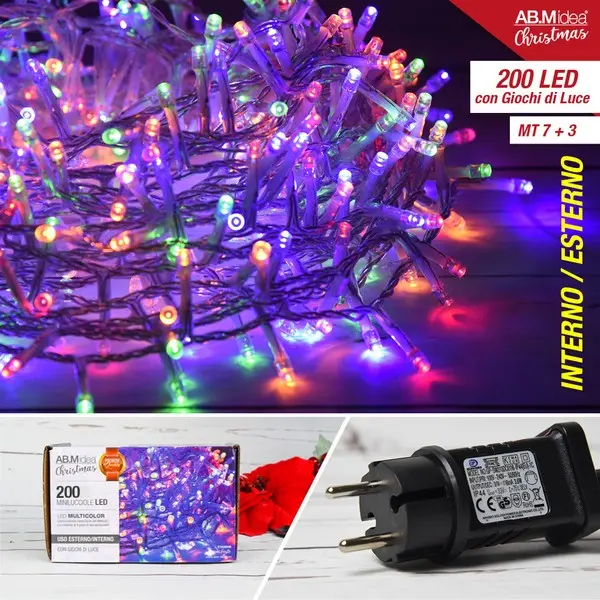 CATENA LUMINOSA LED TRASP.200 LED MT.10 3 C/GIOCHI MULTICOLO