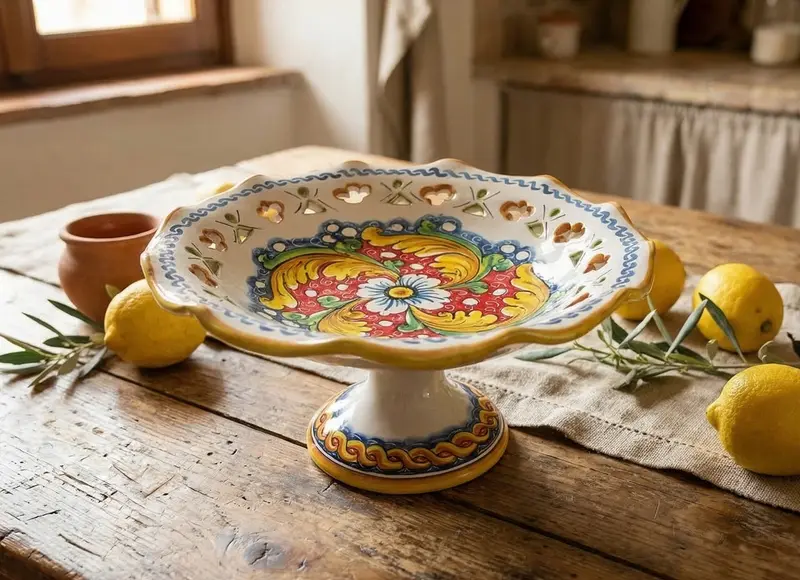 Centrotavola alzata grande in ceramica decorata a mano da ceramisti siciliani fiore rosso art 3