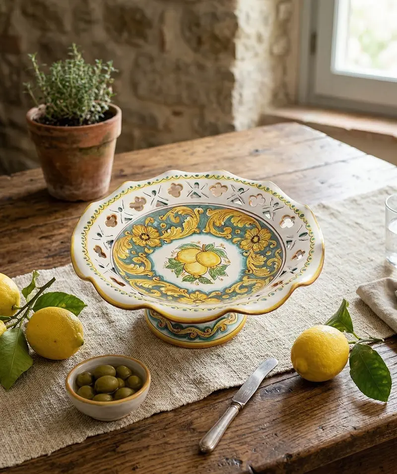 Centrotavola alzata grande in ceramica decorata a mano da ceramisti siciliani limoni art 3