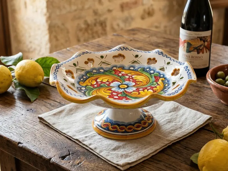 Centrotavola alzata media in ceramica decorata a mano da ceramisti siciliani fiore rosso art 4
