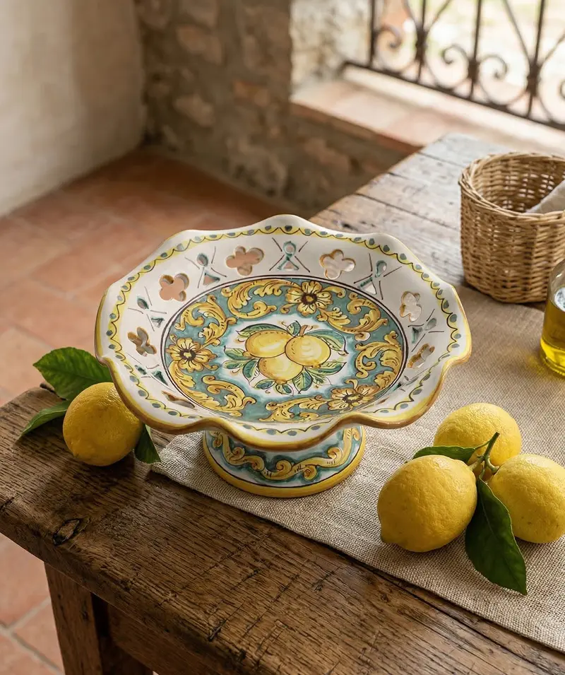 Centrotavola alzata media in ceramica decorata a mano da ceramisti siciliani limoni art 4