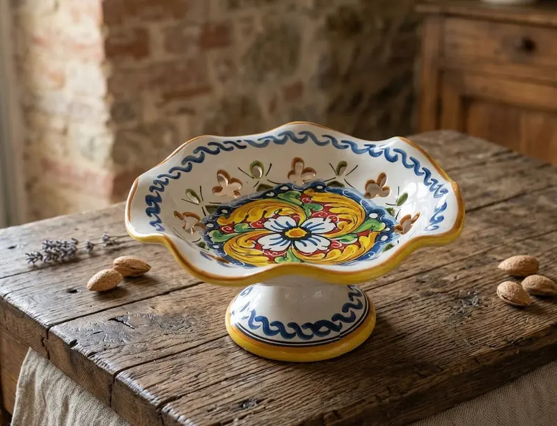 Centrotavola alzata piccola in ceramica decorata a mano da ceramisti siciliani fiore rosso art 5