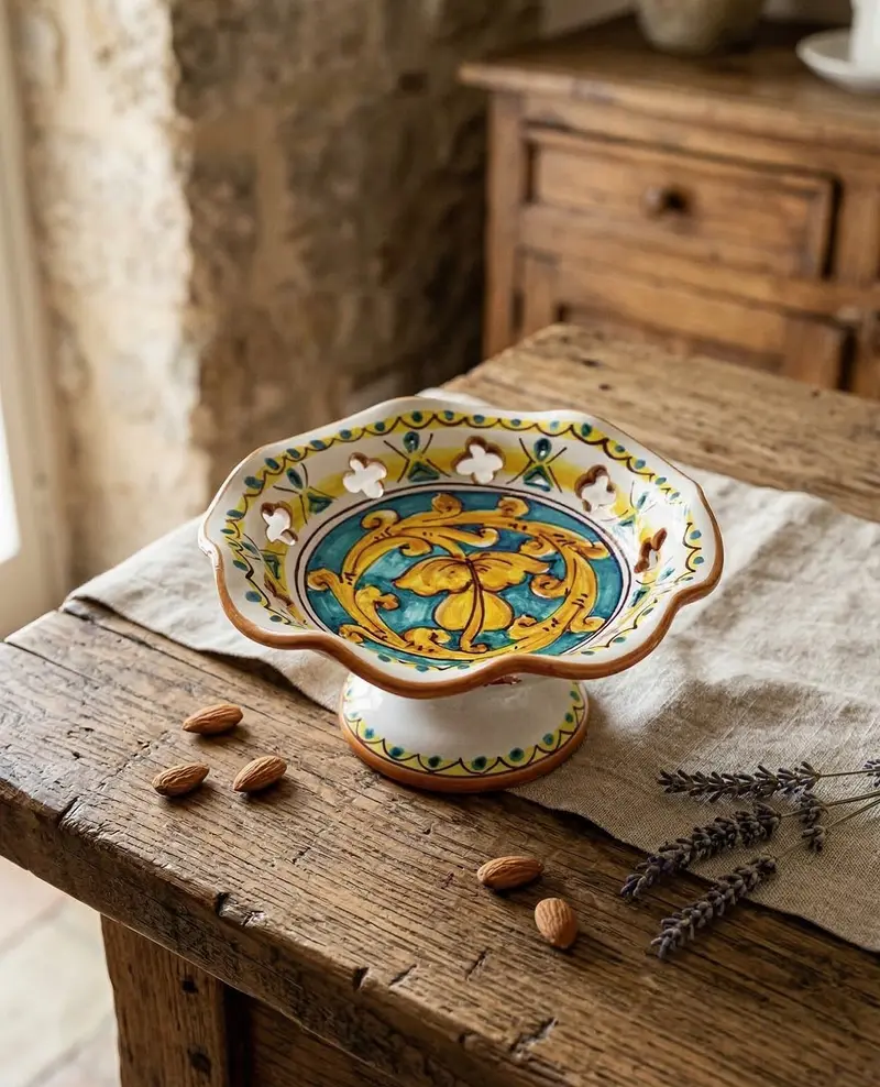 Centrotavola alzata piccola in ceramica decorata a mano da ceramisti siciliani gianluca art 5