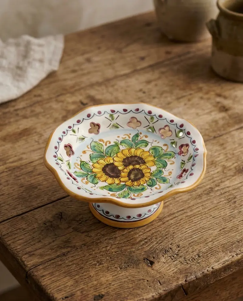 Centrotavola alzata piccola in ceramica decorata a mano da ceramisti siciliani girasole art 5