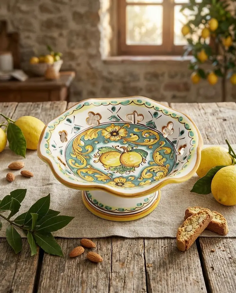 Centrotavola alzata piccola in ceramica decorata a mano da ceramisti siciliani limoni art 5