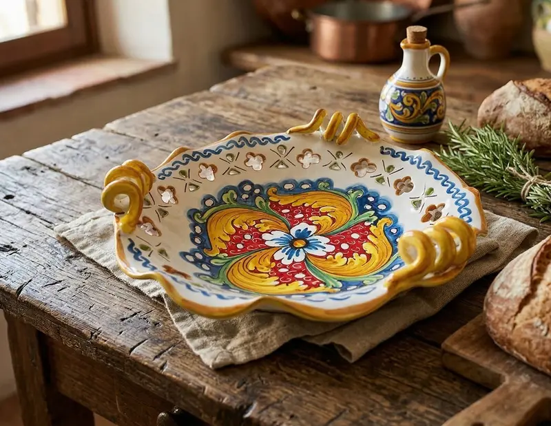Centrotavola grande in ceramica decorata a mano da ceramisti siciliani fiore rosso art 6
