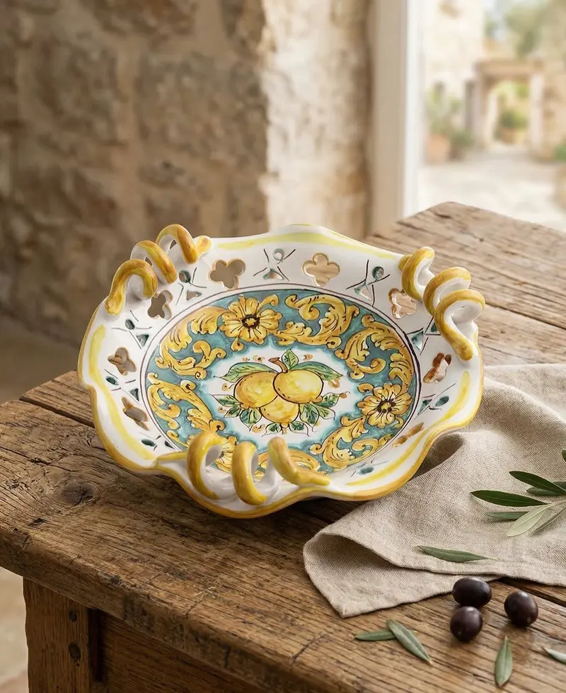 Centrotavola piccolo in ceramica decorata a mano da ceramisti siciliani limoni art 7