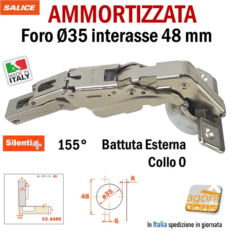 CERNIERA CUCINA SALICE 155° FORO 35 BATTUTA ESTERNA AMMORTIZZATA C2AKAE9 int 48 PER MOBILI