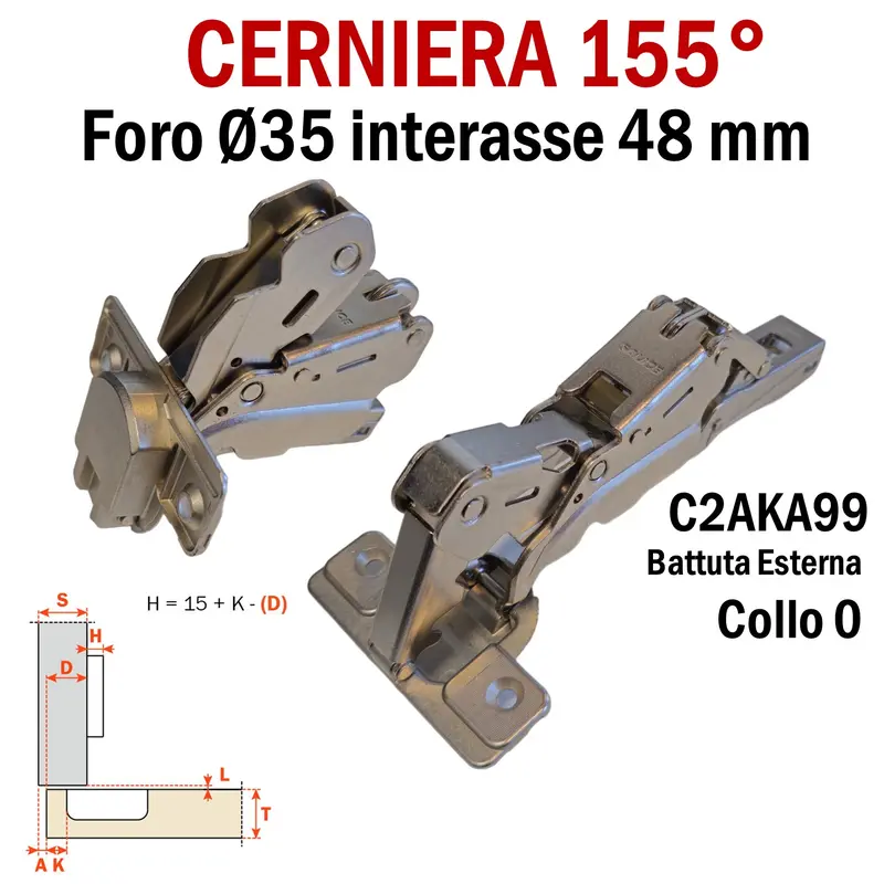 CERNIERA CUCINA SALICE 155° FORO 35 BATTUTA ESTERNA C2AKA99 int 48 PER MOBILI