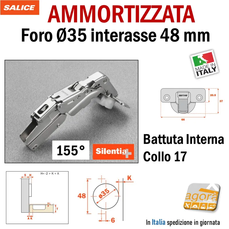 CERNIERA CUCINA SALICE 155° FORO 35 BATTUTA INTERNA AMMORTIZZATA C2AKPE9 int 48 PER MOBILI