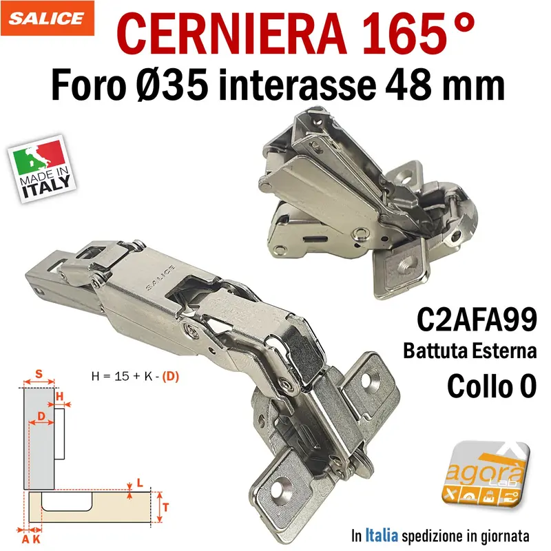 CERNIERA CUCINA SALICE 165° FORO 35 BATTUTA ESTERNA C2AFA99 int 48 PER MOBILI