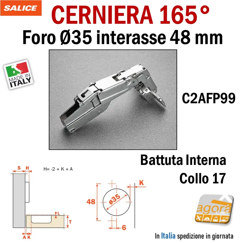 CERNIERA CUCINA SALICE 165° FORO 35 BATTUTA INTERNA C2AFP99 int 48 PER MOBILI