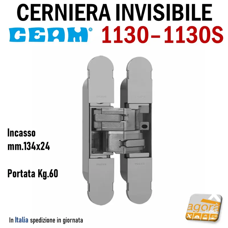 CERNIERA INVISIBILE CEAM 1130 PER PORTE A FILO RASOMURO RASOPARETE 3D mm.134x24 P.60Kg
